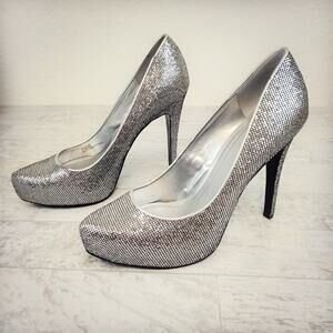 BCBG Silver/Candie Glitter Parade Platform Heels